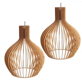 2 Pendente Luminaria De Madeira Varanda Sala De Jantar Cor Cru Fiação Completa - 2gmc