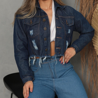 Jaqueta Jeans Feminina Destroyed Tradicional Escura Linha Premium Moda Blogueirinha
