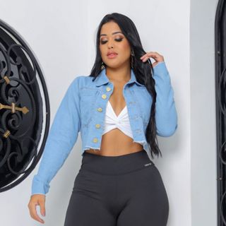Jaqueta Cropped Curta Jeans Feminina Meia Temporada