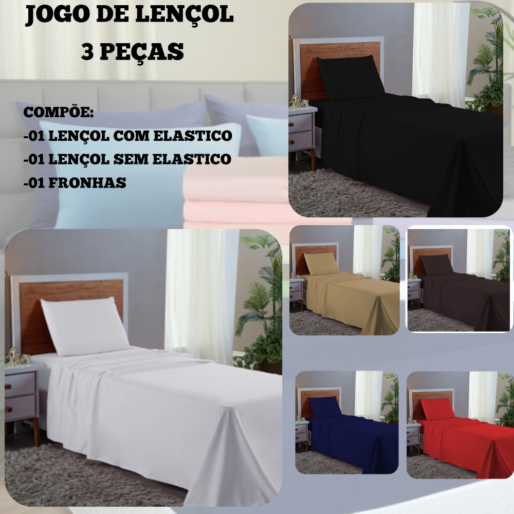 Kit 02 Jogo De Cama Lencol Solteiro 3 Pecas Premium Cama Lisos Conjunto