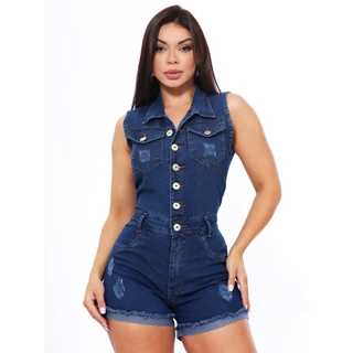 Macaquinho Jeans Feminino com Botões Macaquinho Jeans com Lycra