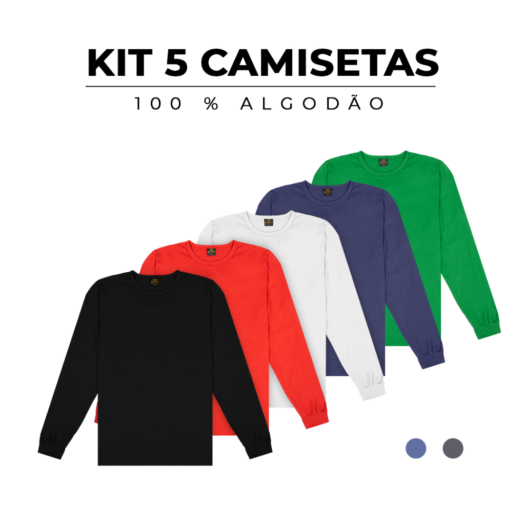 Kit 5 Camisetas Manga Longa 100% Algodão Masculina Lisa - Modelagem Moderna e Caimento Perfeito - Estilo Casual - Camiseta Preta - Camiseta Branca - Camiseta Azul - Camiseta Cinza - Camiseta Vermelho - Camiseta Verde