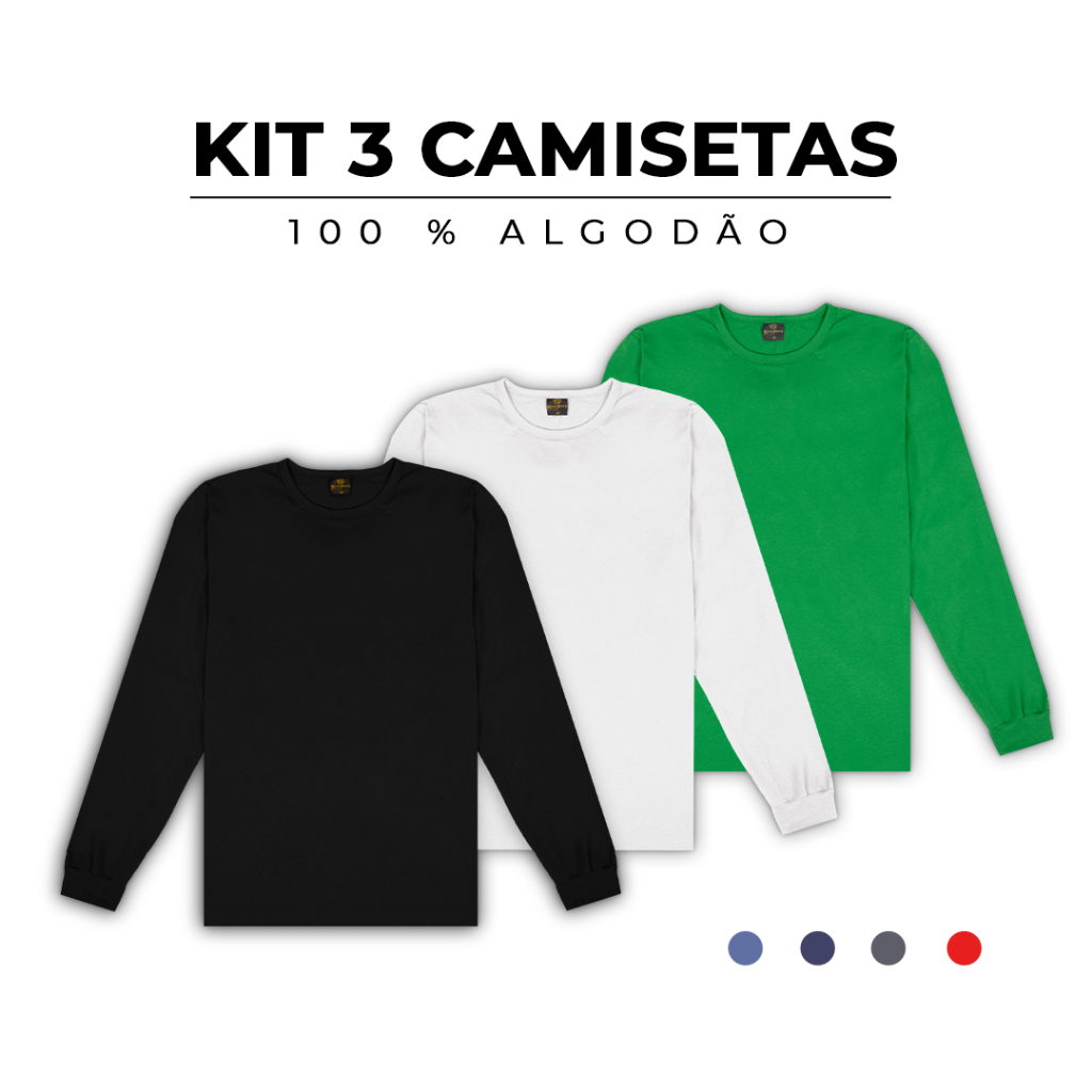 Kit 3 Camisetas Manga Longa 100% Algodão Masculina Lisa - Modelagem Moderna e Caimento Perfeito - Estilo Casual - Camiseta Preta - Camiseta Branca - Camiseta Azul - Camiseta Cinza - Camiseta Vermelho - Camiseta Verde