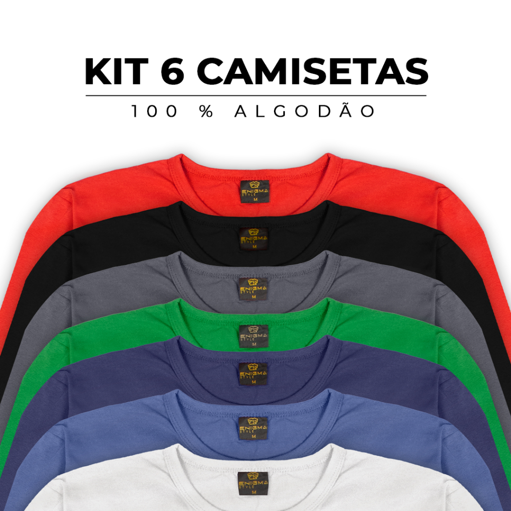 Kit 6 Camisetas Manga Longa 100% Algodão Masculina Lisa - Modelagem Moderna e Caimento Perfeito - Estilo Casual - Camiseta Preta - Camiseta Branca - Camiseta Azul - Camiseta Cinza - Camiseta Vermelho - Camiseta Verde