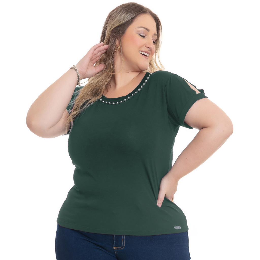 T-shirt Blusinha Feminina Manga Curta Com Detalhes Pedrarias Plus Size 0221