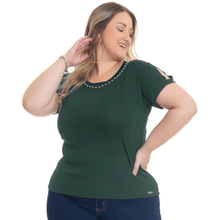 T-shirt Blusinha Feminina Manga Curta Com Detalhes Pedrarias Plus Size 0221