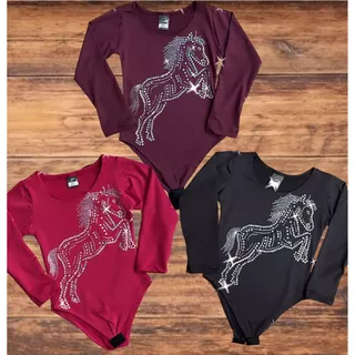 Body Manga Longa Infantil Strass Brilho Colorido Preto Vinho Rosa Cavalo Country Cavalgada