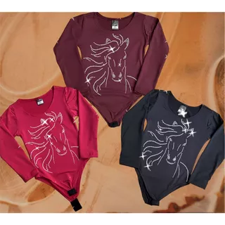 Body Infantil Manga Longa Strass Cavalo Frente Country Colorido Brilho Pedraria Preto Vinho Rosa
