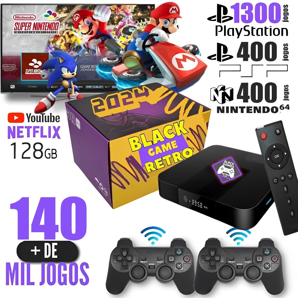 Vídeo Game Retro 2024 140.000 Mil Jogos Clássicos 128gb Com 2 Controles Sem Fio