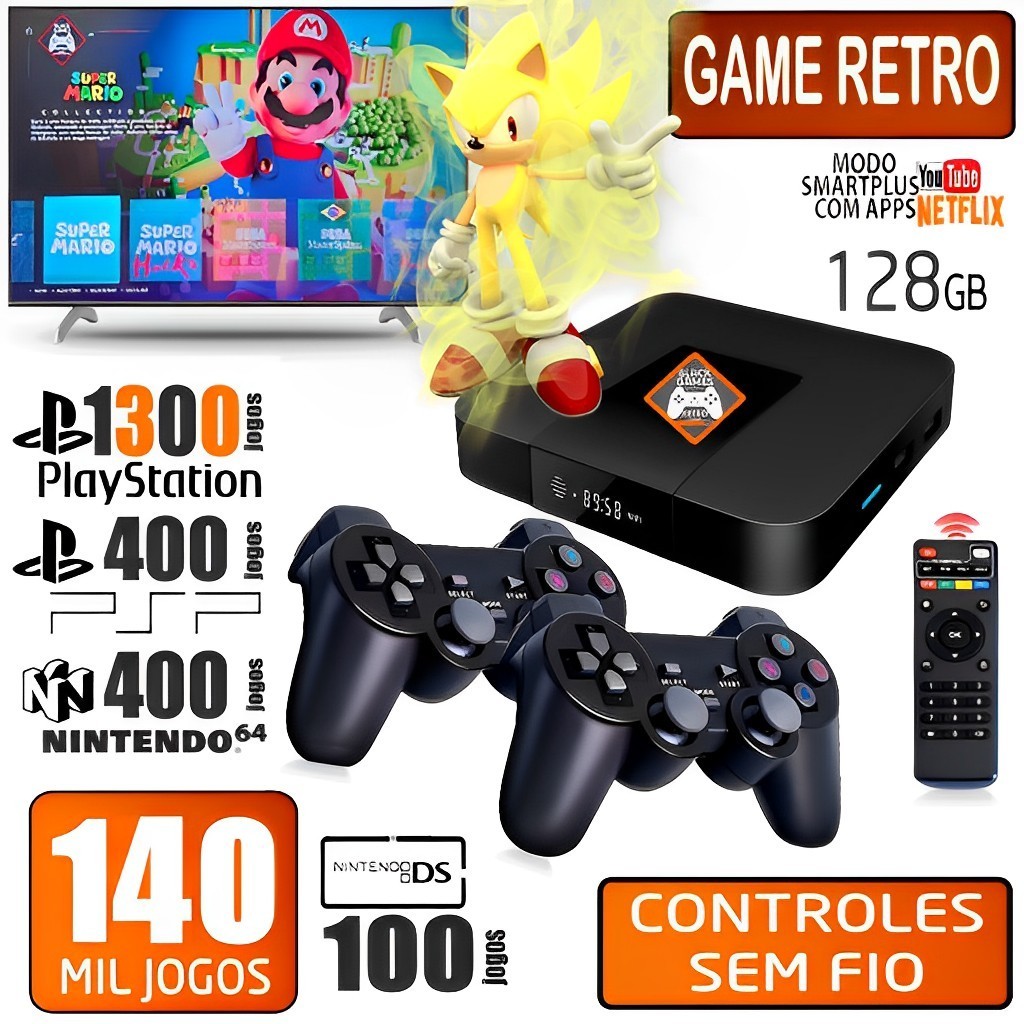 Video Game Retro Super 128GB 140.000 Mil jogos + 2 Controles sem fio Envio Imediato!
