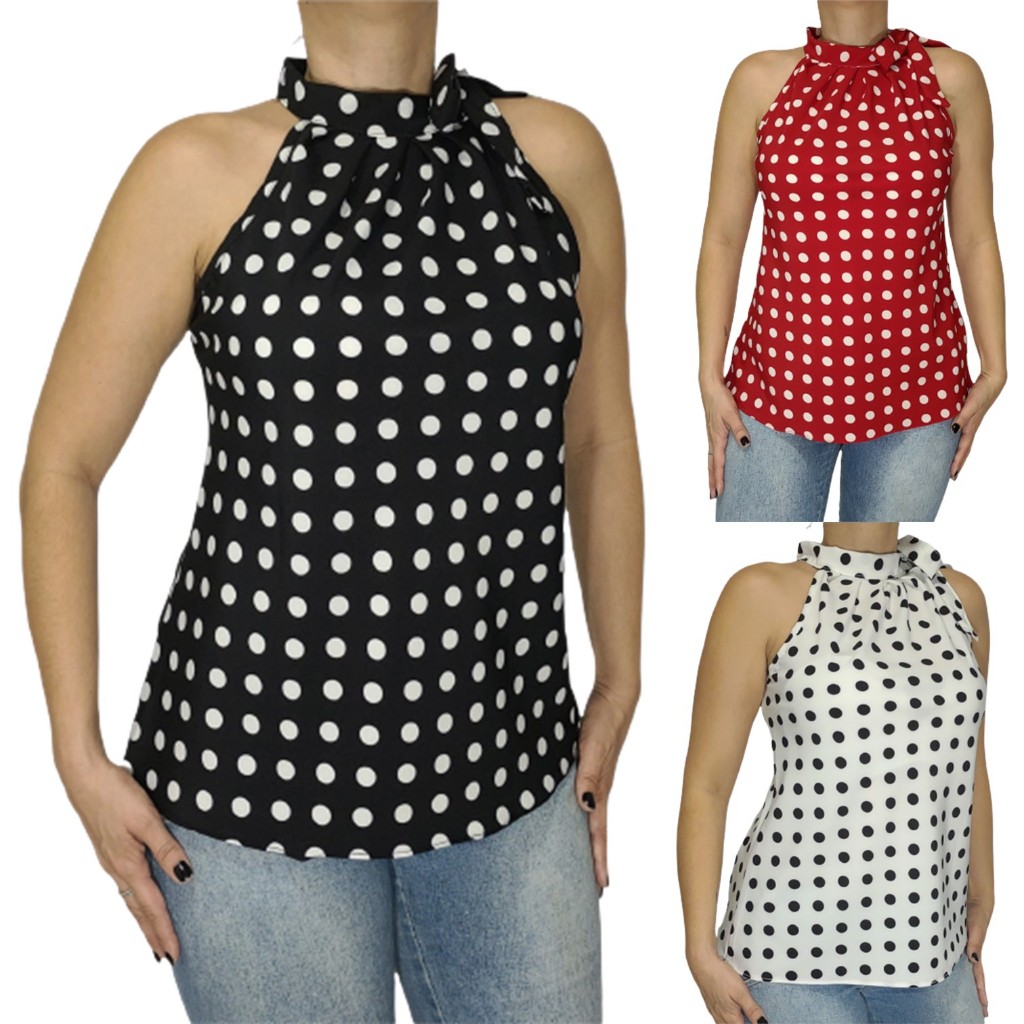 Blusa Feminina Laço no Pescoço Social Bolinha Poá Elegante