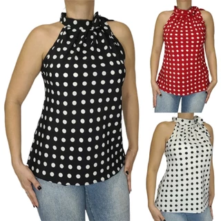 Blusa Feminina Laço no Pescoço Social Bolinha Poá Elegante