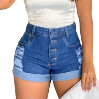 Short Feminino Jeans Curto Rasgado Cintura Alta Atual