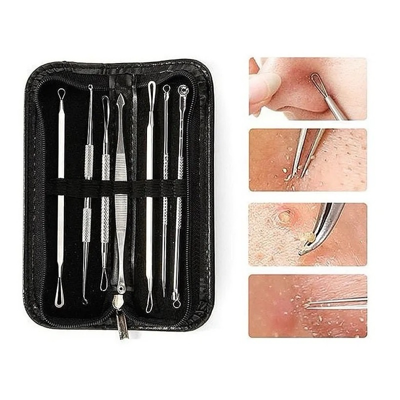 Kit 7 Curetas Remove Cravos Espinhas Aço Inoxidável Com Estojo