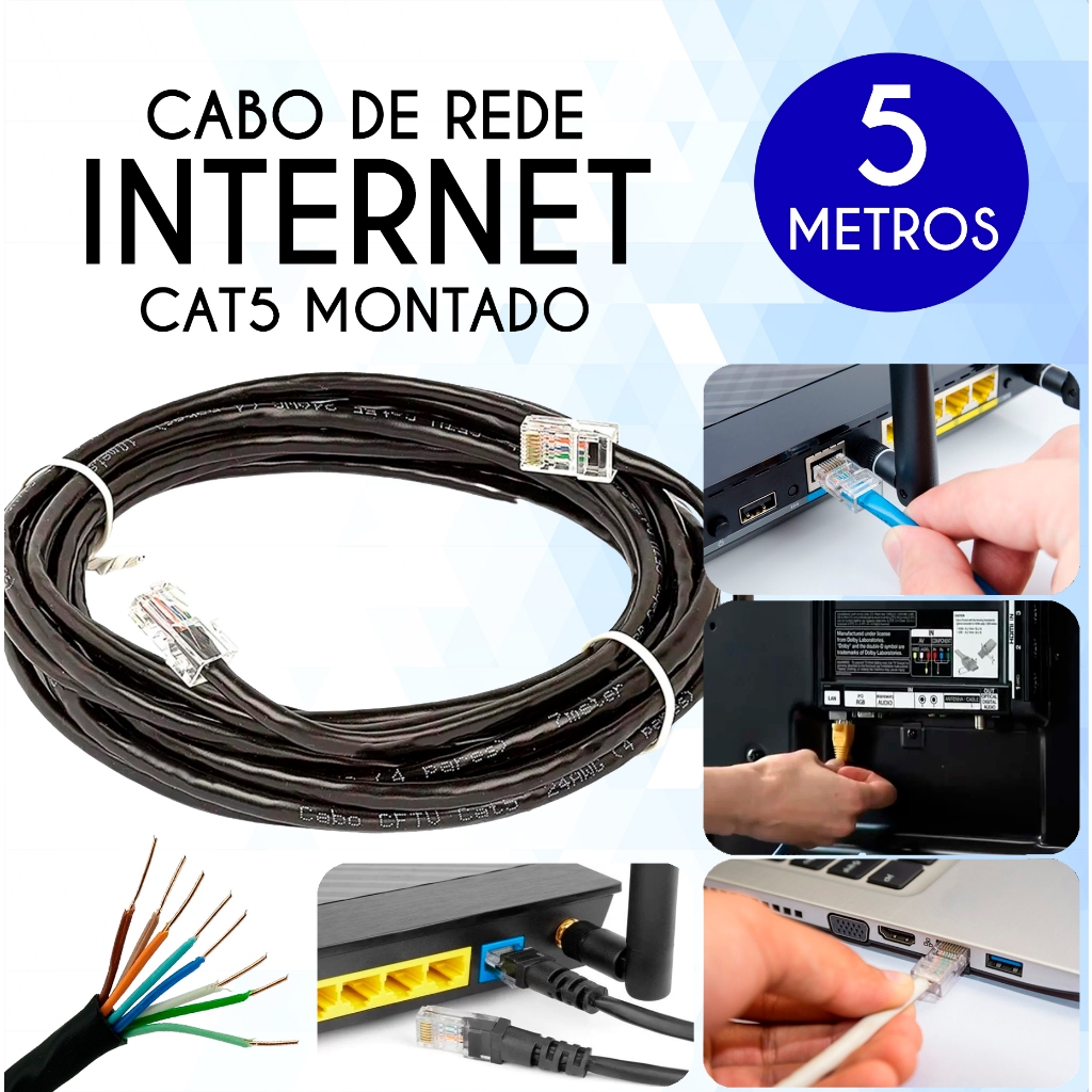 Cabo De Rede 5 Metros Cat5 Montado Rj45 Rede Ethernet Cor Preto Roteador Modem Tv Smart