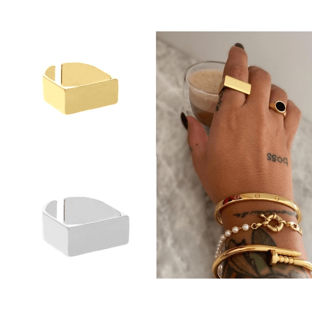 1 Peça Joia luxo Anel Bloc quadrado Ajustável Dourado Prateado Masculino Feminino joias banhada Baratinho