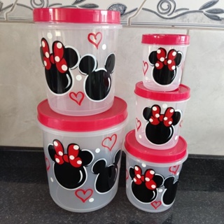 Jogo de mantimentos de plástico rosca transparente tampa vermelha Mickey e Minnie pintura