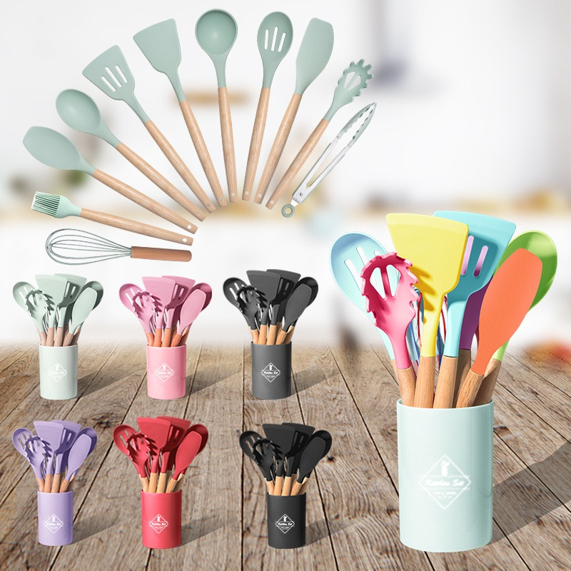 KIT de Utensílios Para Cozinha em Silicone e Bambu 12 Peças de 800g Grande