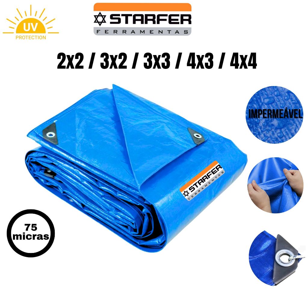 Lona Plástica LEVE Azul Cobertura Reforçada Impermeável 75 MICRAS - 2x2 / 3x2 / 3x3 / 4x3 / 4x4 - Starfer