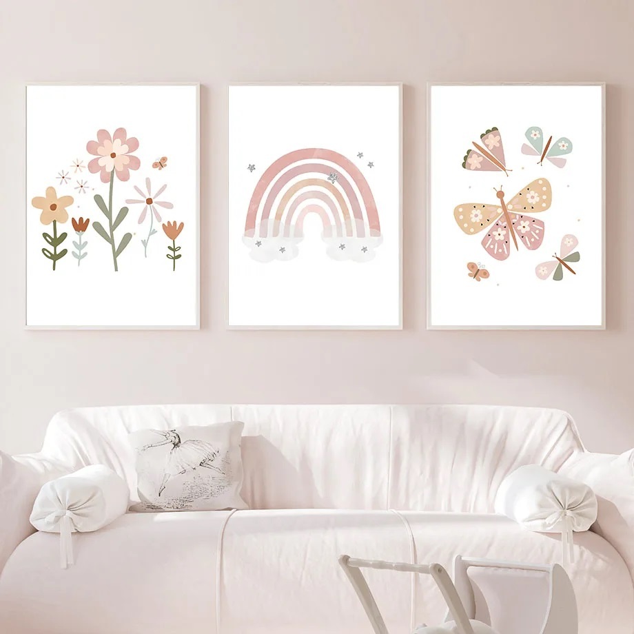 Quadro decorativo 3 peças 40x60 Meninas Quarto sol nuvem rosa flores Borboletas decoração para quarto infantil bebê menina