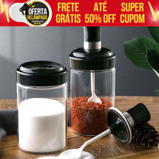 Kit 2 Pote Porta Tempero Mantimentos De Vidro Com Colher E Tampa Açúcar Sal Multiuso Grãos Cereais