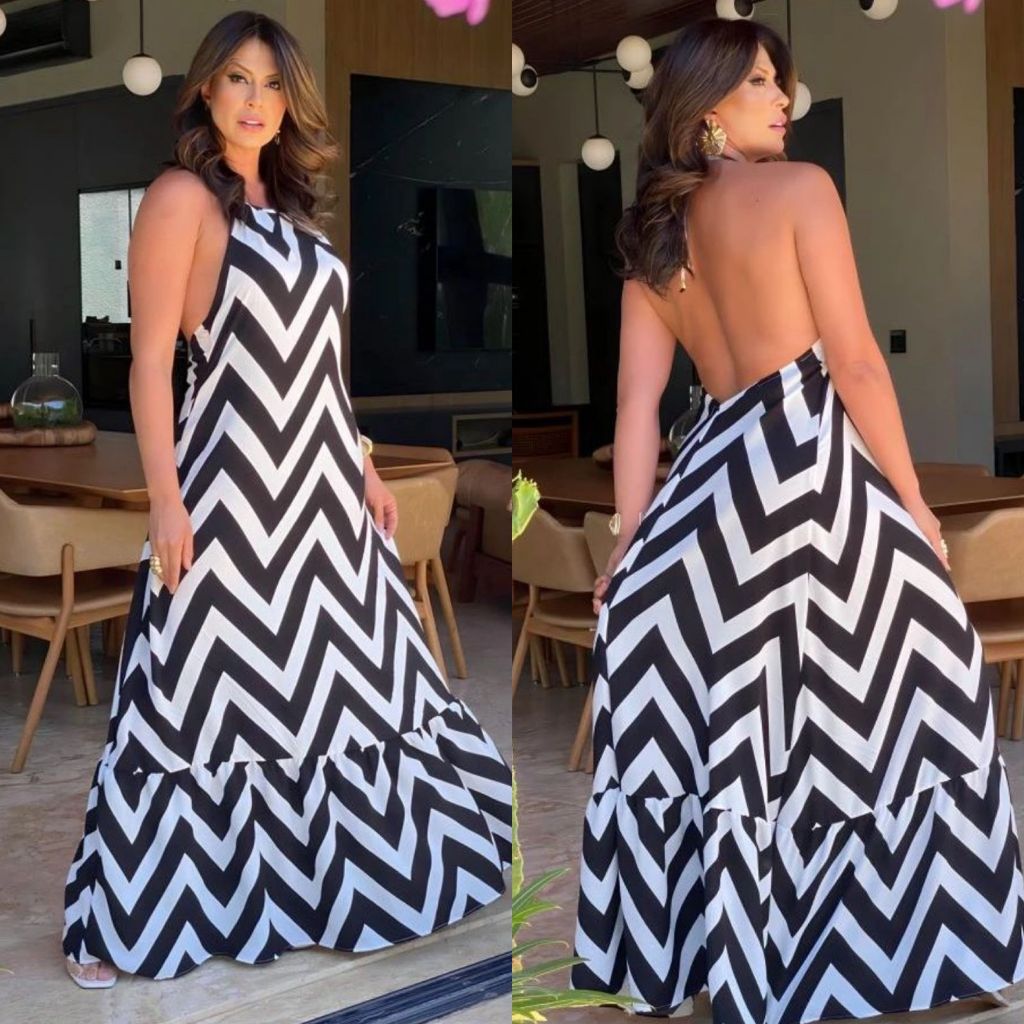 Vestido Longo Elegante Listrado Zig Zag ZigZag Nude e Preto Branco