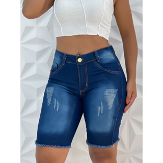 Bermuda Jeans Meia Coxa Cintura Alta Cós Alto Short Jeans Premium Elastano