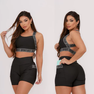Conjunto Fitness Academia Feminino Top E Short De Academia Bolso Suplex