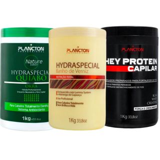 Cronograma capilar Plancton Pós Química c/ 3 máscaras poderosas -Quiabo-Whey protein e Banho de Verniz