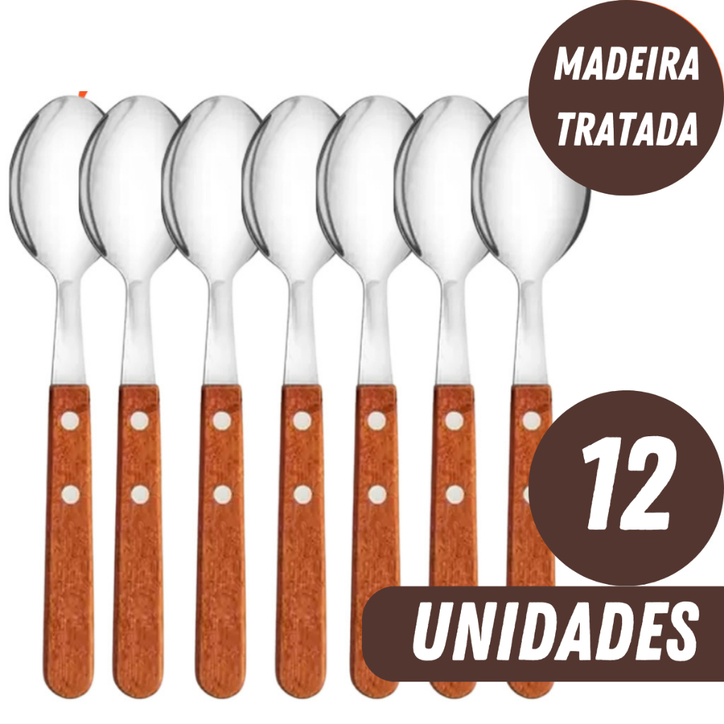 Colher Cabo de Madeira com Inox kit 12 Colheres Linha Premium Original Wood