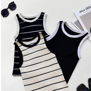 Kit 3pcs Regata Listrada Camiseta Basica Ribana Gola Redondo Sem Manga algodao comprito Moda blogueira Tendencia