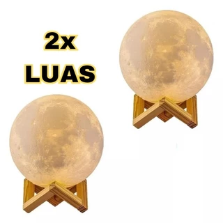 Kit 2 Luminária De Lua Cheia 3d Led Abajur Decoração Com Suporte Iluminação De Quarto