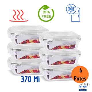 Kit 6 Potes de Vidro 370 ml Hermético Marmita Fit com Tampa 4 Travas