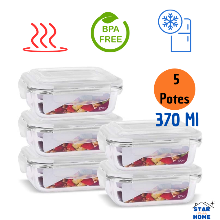 Kit 5 Potes de Vidro 370 ml Hermético Marmita Fit com Tampa 4 Travas