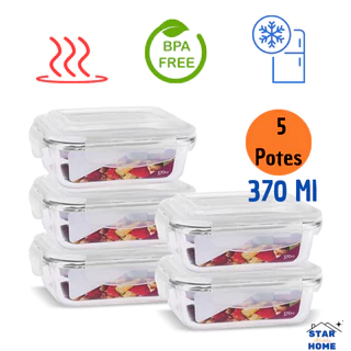 Kit 5 Potes de Vidro 370 ml Hermético Marmita Fit com Tampa 4 Travas