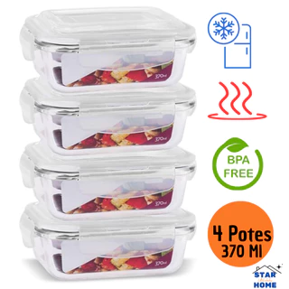 Kit 4 Potes de Vidro 370 ml Hermético Marmita Fit com Tampa 4 Travas