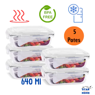 Kit 5 Potes de Vidro 640 ml Hermético Marmita Fit com Tampa 4 Travas