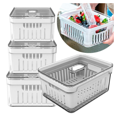 Kit 4 Organizador de Geladeira 3 Litros Cesto Com Tampa Multiuso Alimentos Verduras e Vegetais