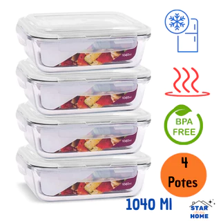 Kit 4 Potes de Vidro Grande 1040 ml Hermético Marmita Fit com Tampa 4 Travas