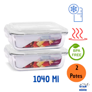 Kit 2 Potes de Vidro 1040ml Hermético Marmita Fit com Tampa 4 Travas