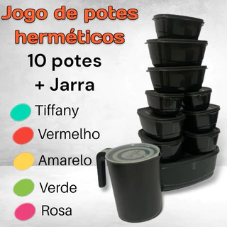 Kit 11 Potes hermético + Jarra de Plástico Para Cozinha