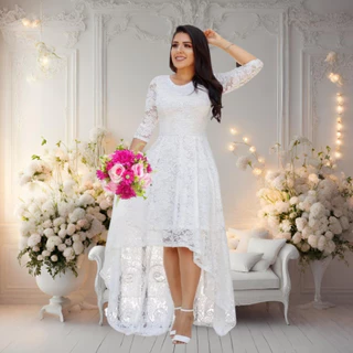 Vestido de Noiva Casamento Renda Civil Plus Longo Size 88 Branco