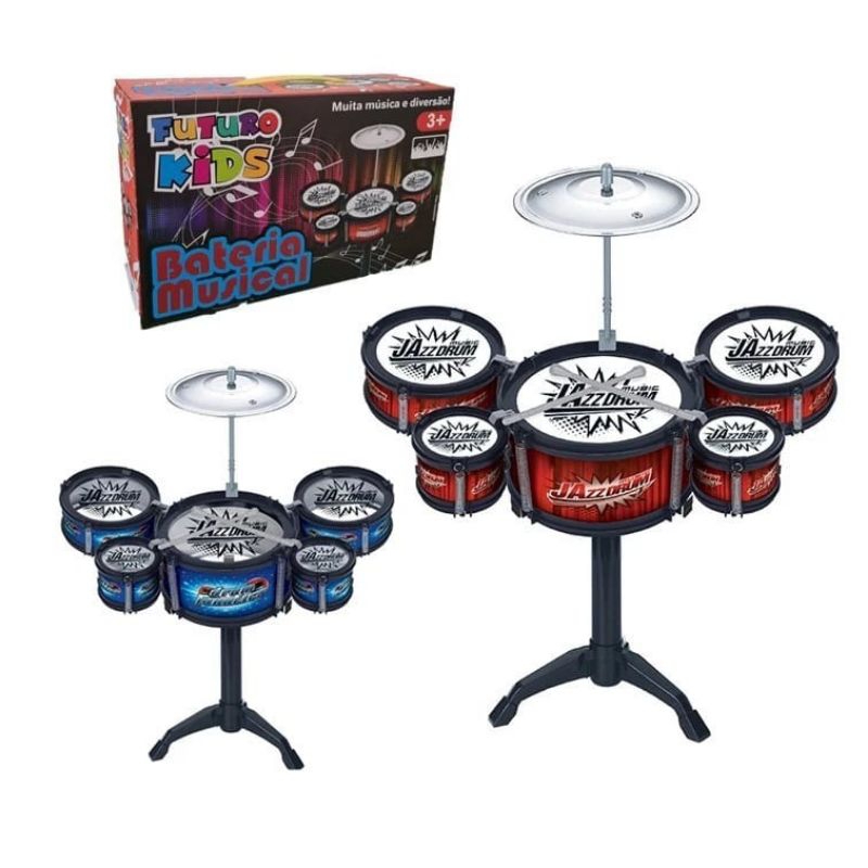 Bateria Musical Infantil com 5 Tambores Azul ou Vermelho Promoção