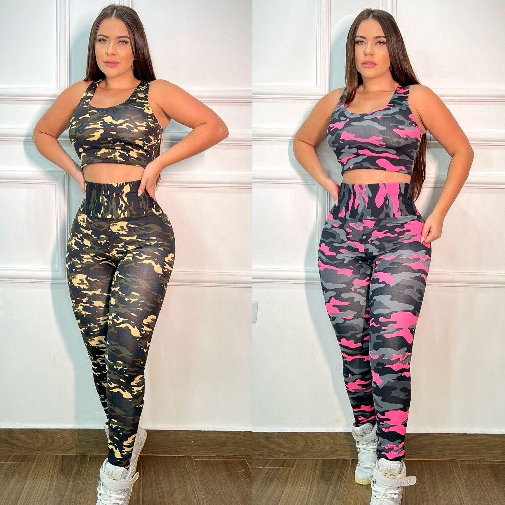 Conjunto Para Academia Top + Leg Camuflado Militar Exercito Rosa Verde