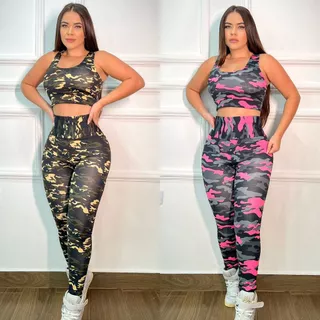 Conjunto Para Academia Top + Leg Camuflado Militar Exercito Rosa Verde
