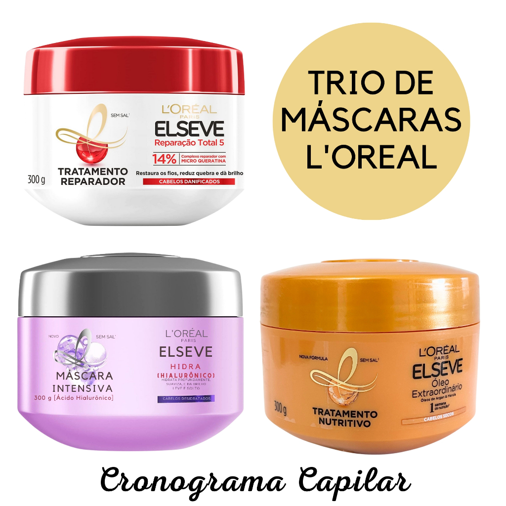 Cronograma Capilar de Mascaras Elseve 300g - (Reparação Total 5 + Óleo Nutrição + Hidra Hialurônico) - Envio Rápido