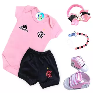 Kit 5 Peças Body Bebê Flamengo Rosa Menina Mesversário Fotos Festa
