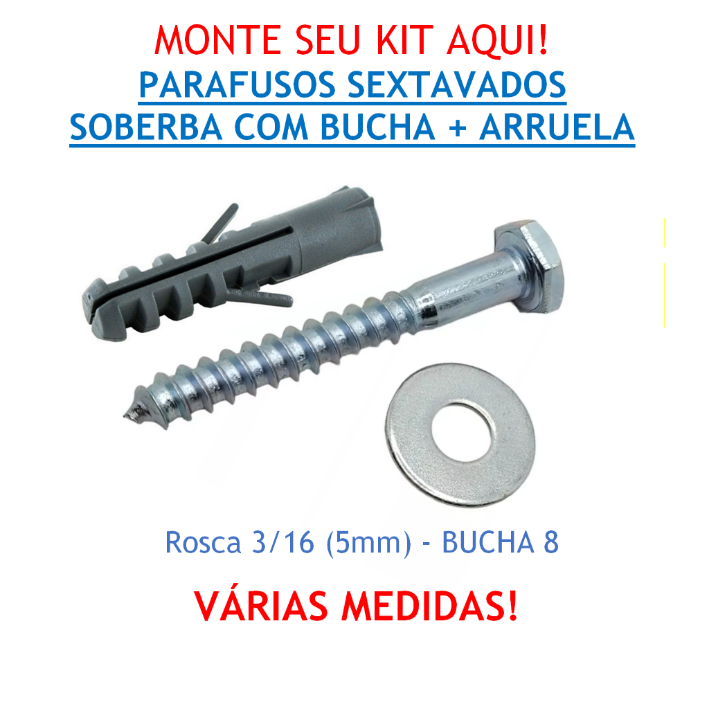 Parafuso Sextavado Soberba 1/4 (6mm) com bucha 10 e arruelas - Zincado (galvanizado) - Vários comprimentos