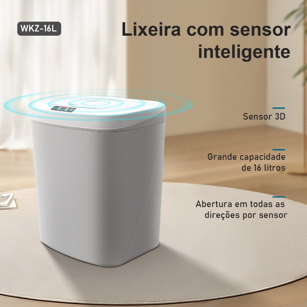 Lixeira com Sensor Automático Inteligente Recarregável Abre Fácil em Toque Cesto Lixo Casa Quarto Banheiro Cozinha Escritório 12 16Litros