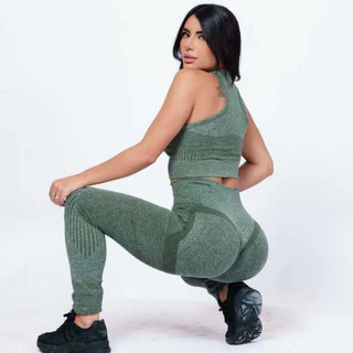 2 Peças Conjuntos Academia Fitness Feminino Leggings Top Mais Calça Levanta Bumbum